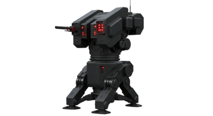 A gray robotic turret with red lights on a black background image