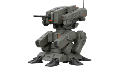 A futuristic gray turret weapon system on a black background image