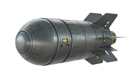 A gray bomb with fins and a rounded nose on a black background view