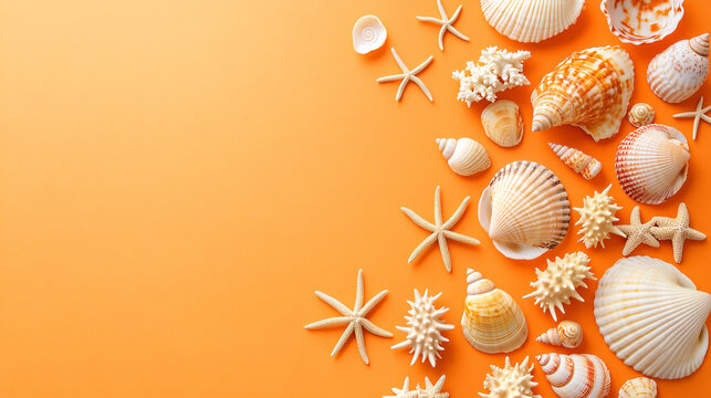 Orange Summer Banner. Flat Lay of Shells, Sand Dollars, Coral, Starfish on Soft Orange Background, with Copyspace for Travel or Summer Sale Background