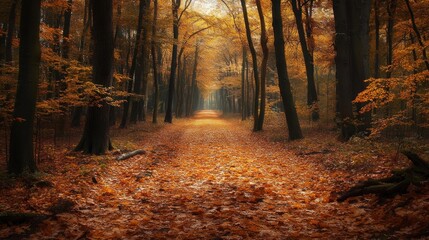 Obraz premium Enchanting autumn forest trail bathed in golden light, tranquil woodland scenery