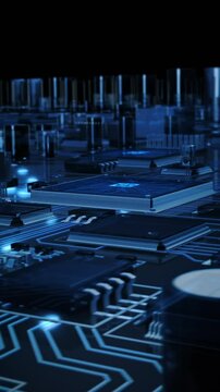 Dynamic Close-up of Futuristic Translucent Processor Connecting with Socket and Motherboard. Next Generation Microchip Activating and Powering System. High Performance GPU Chip.