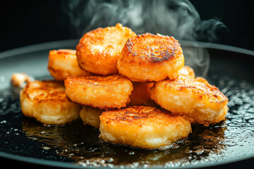 Steaming stack of golden fried potato cakes in a black skillet