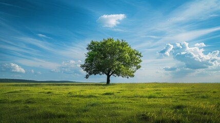 photograph of A single tree stands alone on a wide lawn. wide angle lens