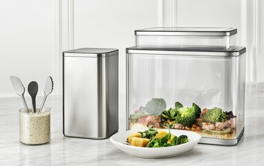 Modern kitchen storage containers with food, serving utensils, and a plated meal featuring vegetables, arranged on a marble countertop.