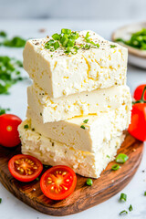 Fresh feta cheese with cherry tomatoes and chopped green onions on wooden board