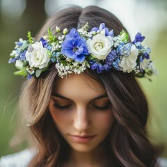 Naklejka premium Serene Young Woman with Blue and White Flower Crown