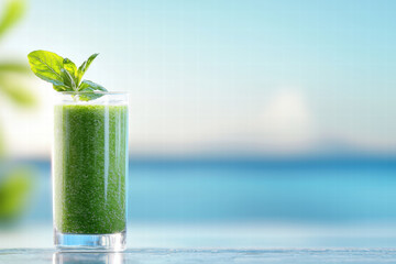 Fresh green smoothie in glass with mint leaves, evoking refreshing and healthy vibe