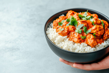 Delicious butter chicken curry on fluffy rice with fresh cilantro garnish