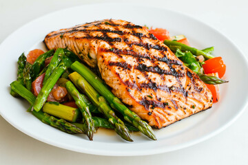 Grilled salmon with asparagus and tomatoes on a white plate
