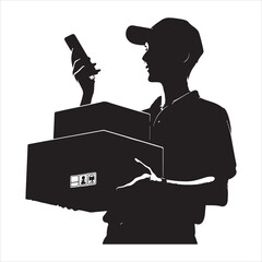 Courier Delivering Carrying Box Silhouette on isolated white background