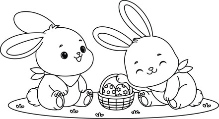 Cute kawaii two bunnies and easter egg cartoon character coloring page vector illustration