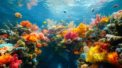 Vibrant coral reef underwater scene with colorful marine life and fish