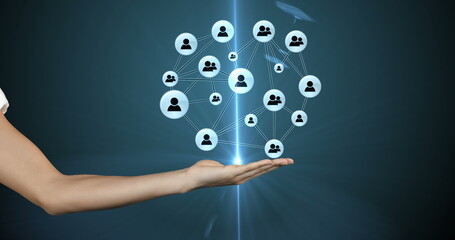 Holding digital network icons, hand representing global communication and connectivity