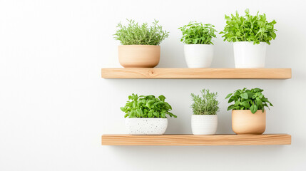 Indoor herb garden with fresh green plants in minimalist pots on wooden shelves