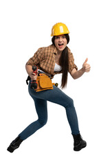 Energetic female construction worker with power drill and thumbs up