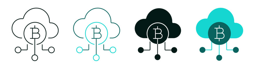 Cloud Bitcoin Network line icon set. Cryptocurrency, Blockchain, Technology, Data or Crypto concept. Coin symbol with circuit for web or app. Digital money outline logo. Editable vector stroke.