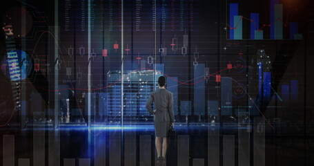 Image of statistics and financial data processing over businesswoman in office