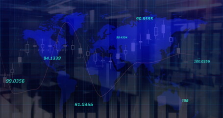 Image of statistics and numbers, financial data processing over world map