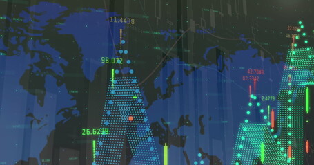 Image of statistics and numbers, financial data processing over world map