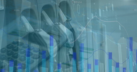 Image of statistics and financial data processing over calculator and petrol nozzles