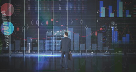 Image of statistics and financial data processing over businessman in office