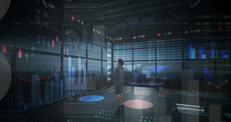 Image of statistics and financial data processing over businesswoman in office