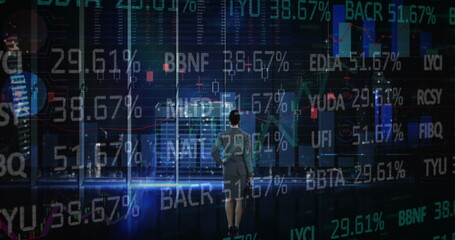 Image of statistics and financial data processing over businesswoman in office