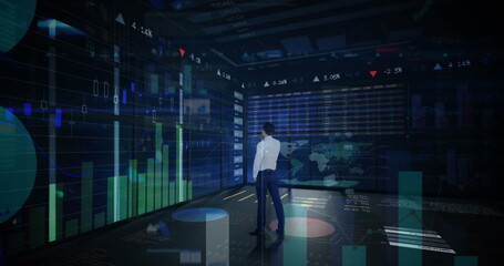 Image of statistics and financial data processing over businessman in office