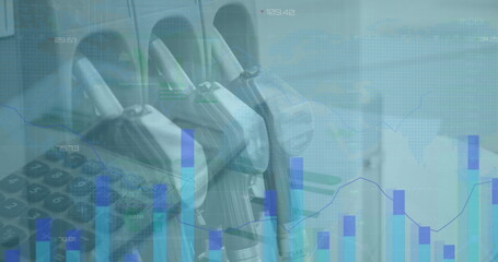 Image of statistics over world map, calculator and petrol nozzles
