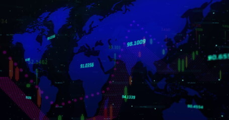 Image of statistics and numbers, financial data processing over world map