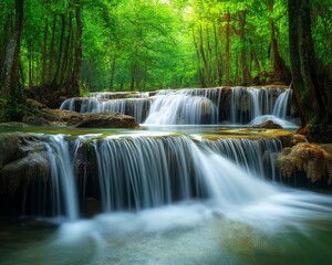 Fototapeta premium Tranquil forest waterfall cascading over rocks surrounded by lush greenery