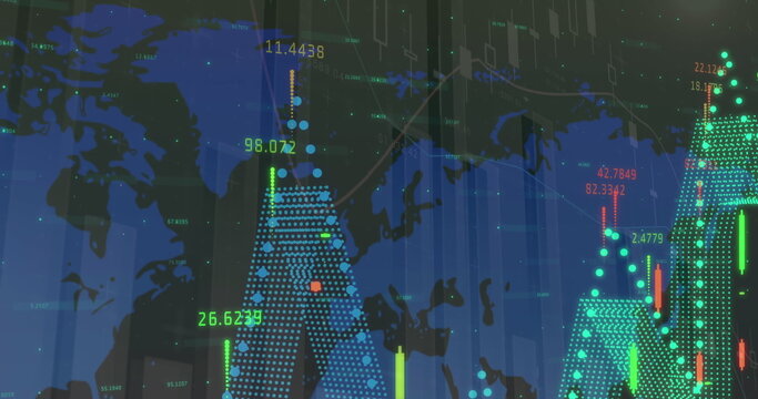Image of statistics and numbers, financial data processing over world map - Powered by Adobe