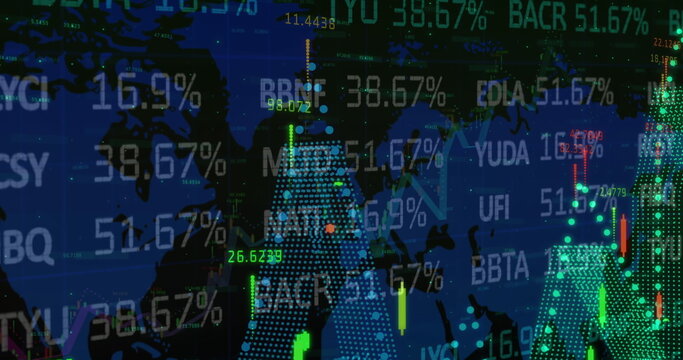 Image of statistics and numbers, financial data processing over world map