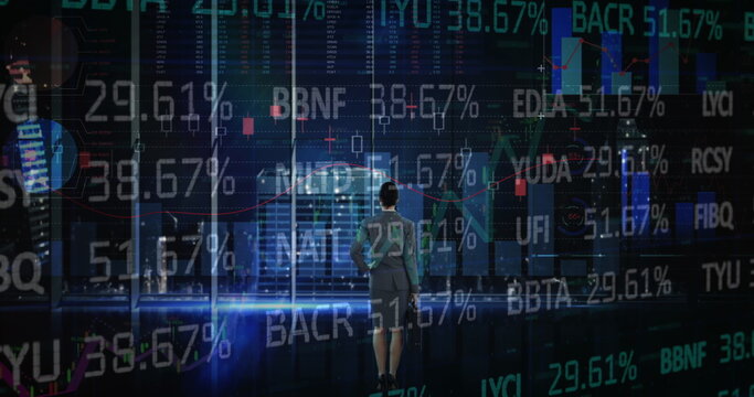 Image of statistics and financial data processing over businesswoman in office