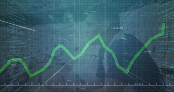 Image of statistics and data processing over rugby player in sports stadium