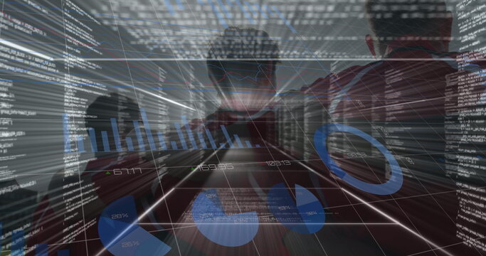 Image of statistics and data processing over rugby player in sports stadium