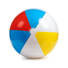 Fototapeta premium Colorful Inflatable Beach Ball – Red, Blue, White, and Yellow Segments in High-Contrast Photography