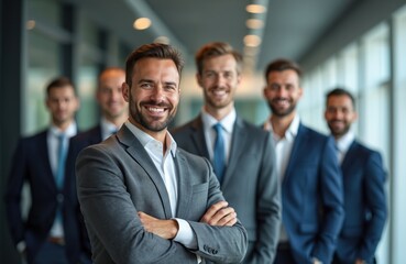 Group of successful businessmen smiling, looking at camera. Diverse office team, business professionals wear suits, crossed arms. Corporate business portrait, teamwork, office interior. Concept of