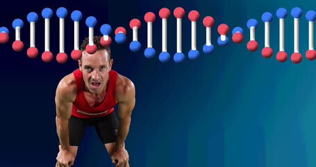 Image of dna strand over male sportsman resting