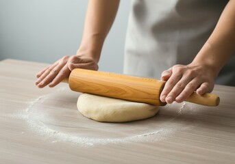 Rolling dough with a wooden rolling pin on a clean kitchen surface