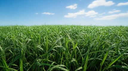Fototapeta premium Lush green field with dew drops under a bright blue sky landscape image