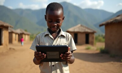 Young African Boy Using Tablet in Rural Village - Powered by Adobe