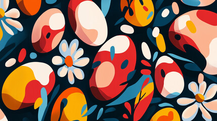 Fototapeta premium An abstract geometric pattern of eggs and flowers in bold, contrasting colors