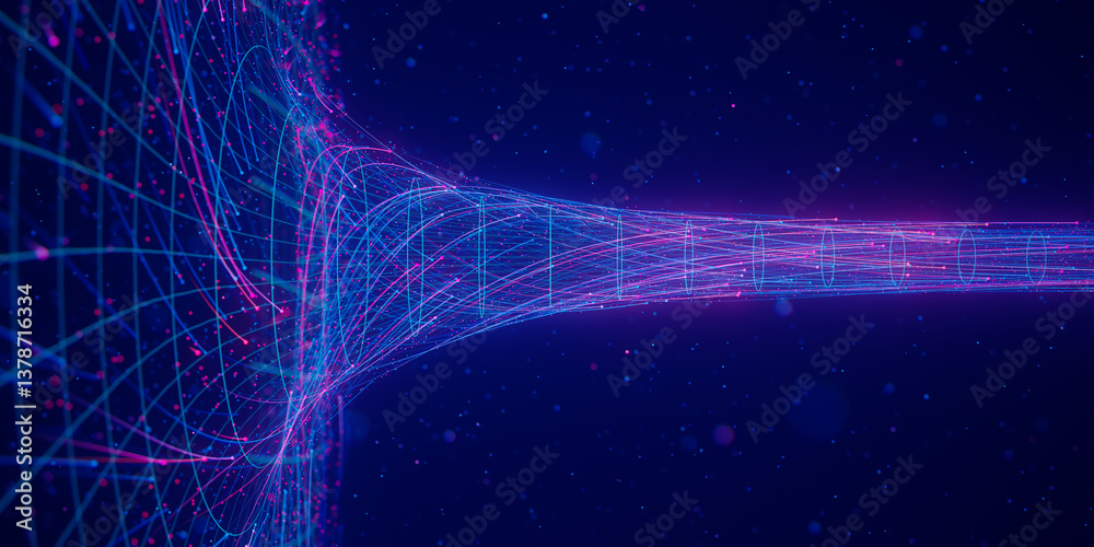 Poster abstract flow of data in cyber wormhole. quantum computing information vortex. digital singularity.