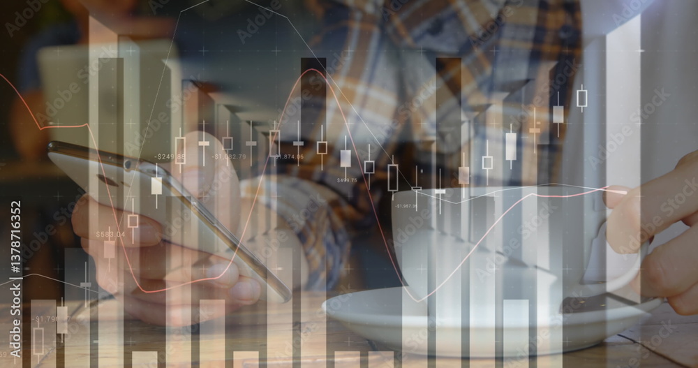 Poster image of statistics and data processing over man using smartphone