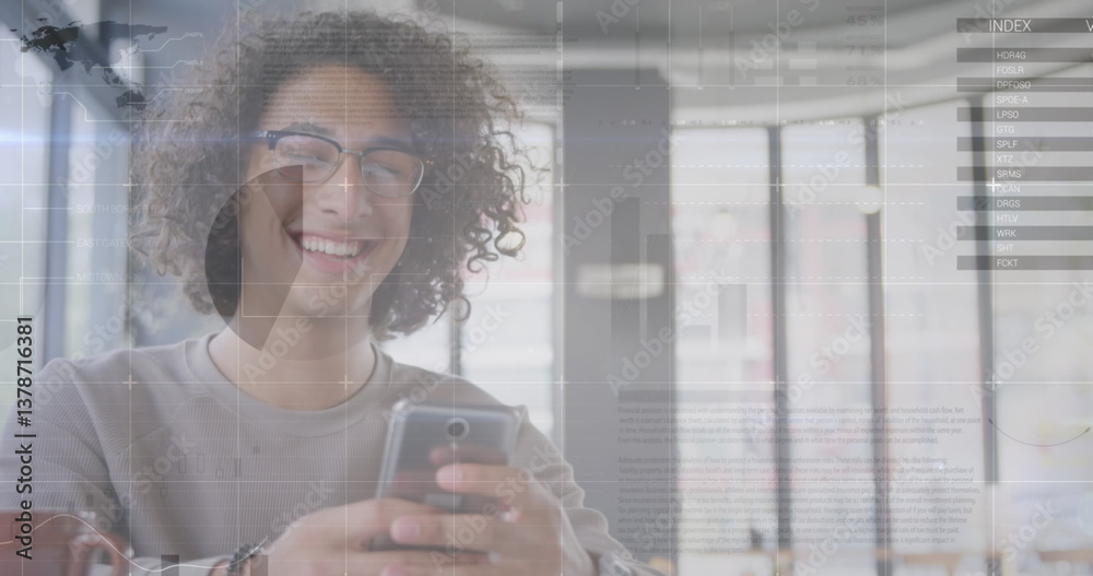 Poster image of statistics and data processing over man using smartphone