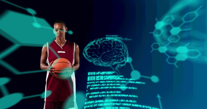 Image of digital brains and data processing over female basketball player holding ball - Powered by Adobe