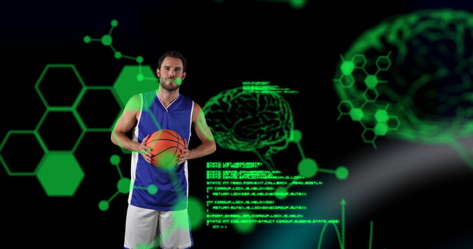 Image of digital brains and data processing over male basketball player holding ball