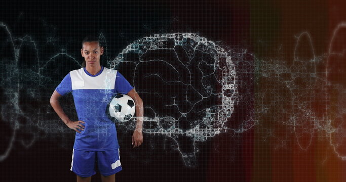 Image of digital brain spinning over female football player holding ball